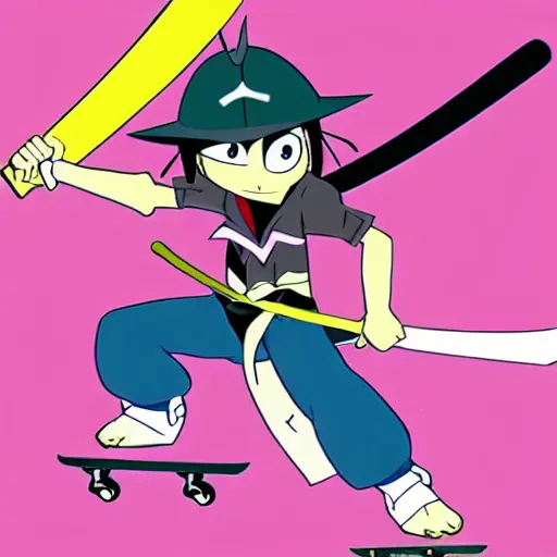 Image similar to skater character with katana in hands, cartoon stylised proportions by hiroyuki imaishi gainax studio trigger and yoh yoshinari animation art