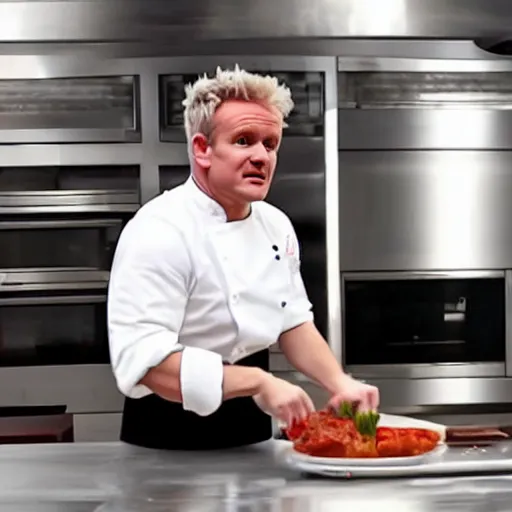 Image similar to hyper real Gordon Ramsey cooking a unicorn in kitchen 4k