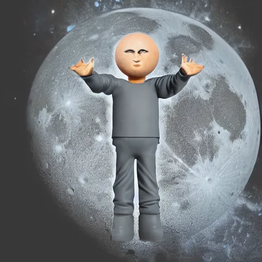 Image similar to photo of vinyl plastic painted toy grey moon face with craters with hands standing on legs wearing sneakers