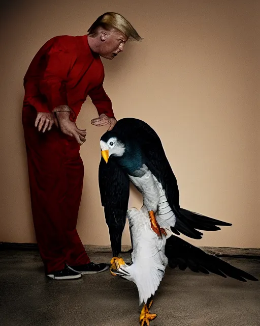 Image similar to Medium Shot Donald Trumps wearing orange pajamas in jail and an american eagle is attacking and biting his head, octane, dramatic lighting, editorial photo, 35mm, very detailed