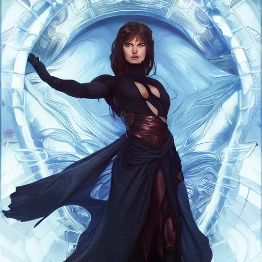 Prompt: character concept, portrait, symmetrical head - on centralized, young woman with dark ninja clothes. detailed, high quality, dynamic lightning, fantasy, scenematic. artwork by artgerm, wlop, alex ross, greg rutknowski, alphonse mucha