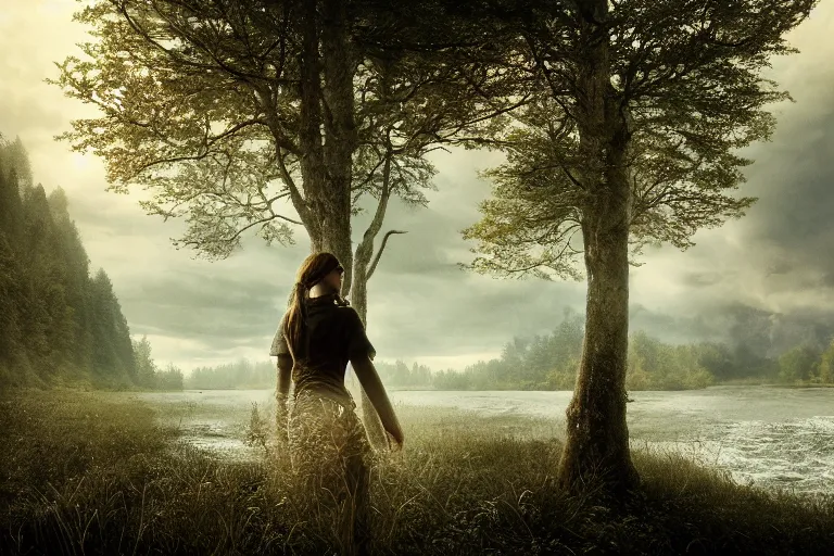 Prompt: an ultra realistic, cinematic headshot portrait, of girl, background of a vast serene landscape, with trees and rivers, detailed, deep focus, movie still, dramatic lighting, ray tracing, by michal karcz and yoshitaka amano