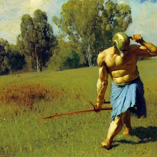 Image similar to A spartan mowing the lawn, photorealistic, by Ilya Repin and Dr. Seuss