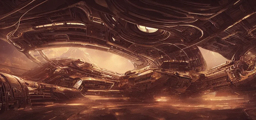 Prompt: realistic cinematic sci - fi mothership interior or exteror - machinery, tubes wires path intricate matte painting masterpiece warm tones quiet