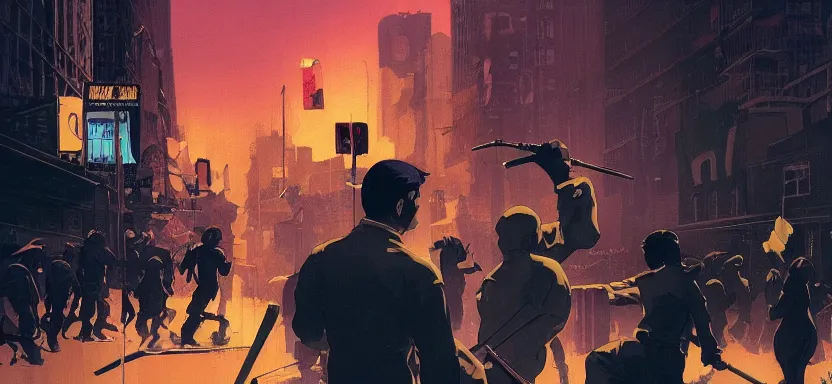 Prompt: riots in the streets of new york, digital painting masterpiece, by ilya kuvshinov, by frank frazetta, by mœbius, by reiq, by hayao miyazaki, intricate detail, beautiful brush strokes, advanced lighting technology, 4 k wallpaper, interesting character design, stylized yet realistic anatomy and faces, inspired by kill bill animated scene