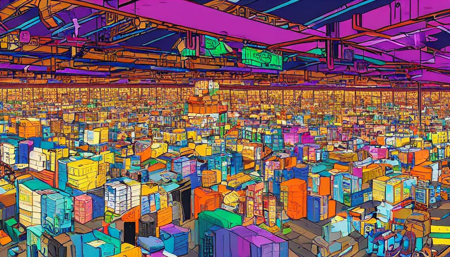 Prompt: a warehouse with huge shelves in which stacks of paper are stored, video game vector cutout illustration vivid multicolor borderlands comics by josan gonzales and dan mumford radiating a glowing aura