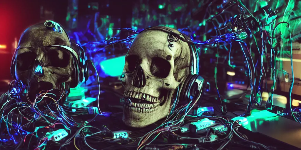 Image similar to a photorealistic cyberpunk skull, wearing headphones, bundles of electronic wires and cables coming out of its mouth, its eyes lighting up with LED lights, on stage at a party, vaporwave, scifi, trending on artstation, 4K, cinematic, epic lighting effects, strobe and laser lights, UHD, HDR