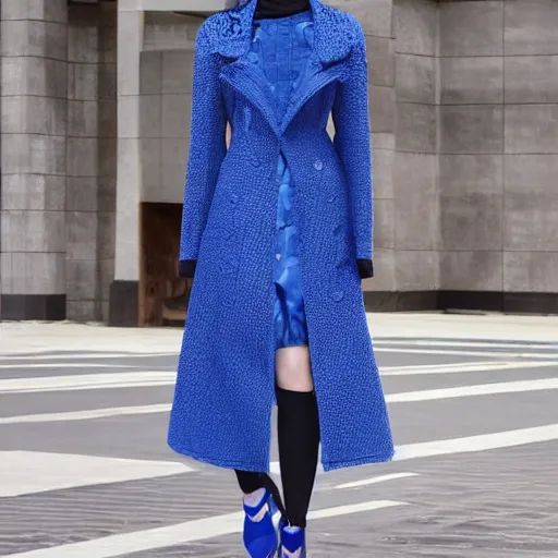 Image similar to fashion 2 0 5 0 fantastic openwork long coat with intricate pattern on a beautiful symmetrical girl with blue hair, hyper realistic photos