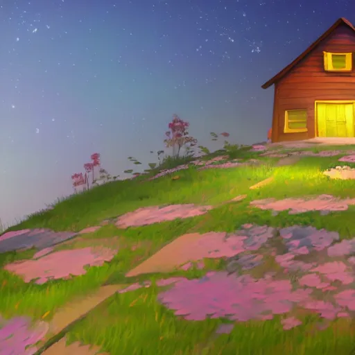 Image similar to beautiful 3 d painting of a colourful house on a hilltop at midnight with small fireflies flying around, in the style of studio ghibli, artstation, unreal engine