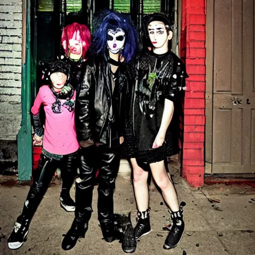 Image similar to flash portrait photography of punk and goth kids on the lower east side by annie leibowitz, colorful nighttime, raining!