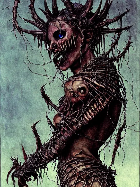 Prompt: A creepy armored horned fanged demon woman with blue scarred skin wrapped in barbed wire. Extremely high detail, realistic, fantasy art, solo, bones, masterpiece, saturated colors, art by Zdzisław Beksiński, Arthur Rackham