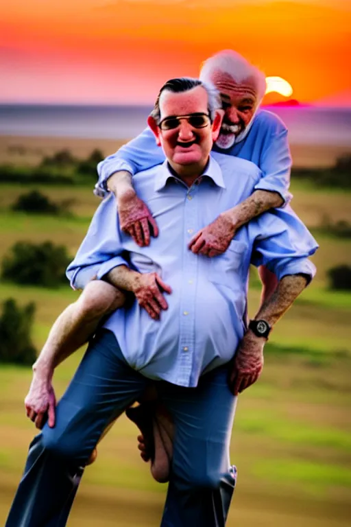 Image similar to elderly man carrying ted cruz piggyback, 8 k, award winning photograph, portrait, detailed faces, sunset in background, highly - detailed