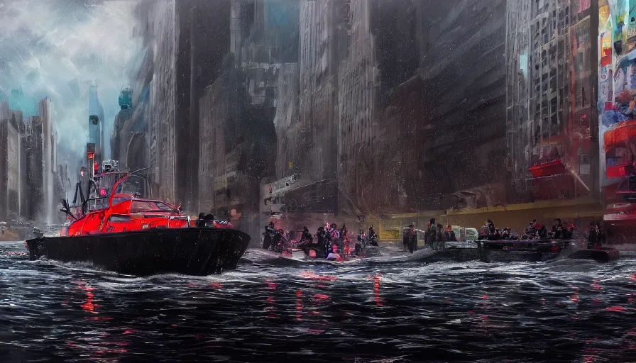 Image similar to rescue boat crossing new york city streets after a huge tsunami, cloudy sky, light, sirens, hyperdetailed, artstation, cgsociety, 8 k