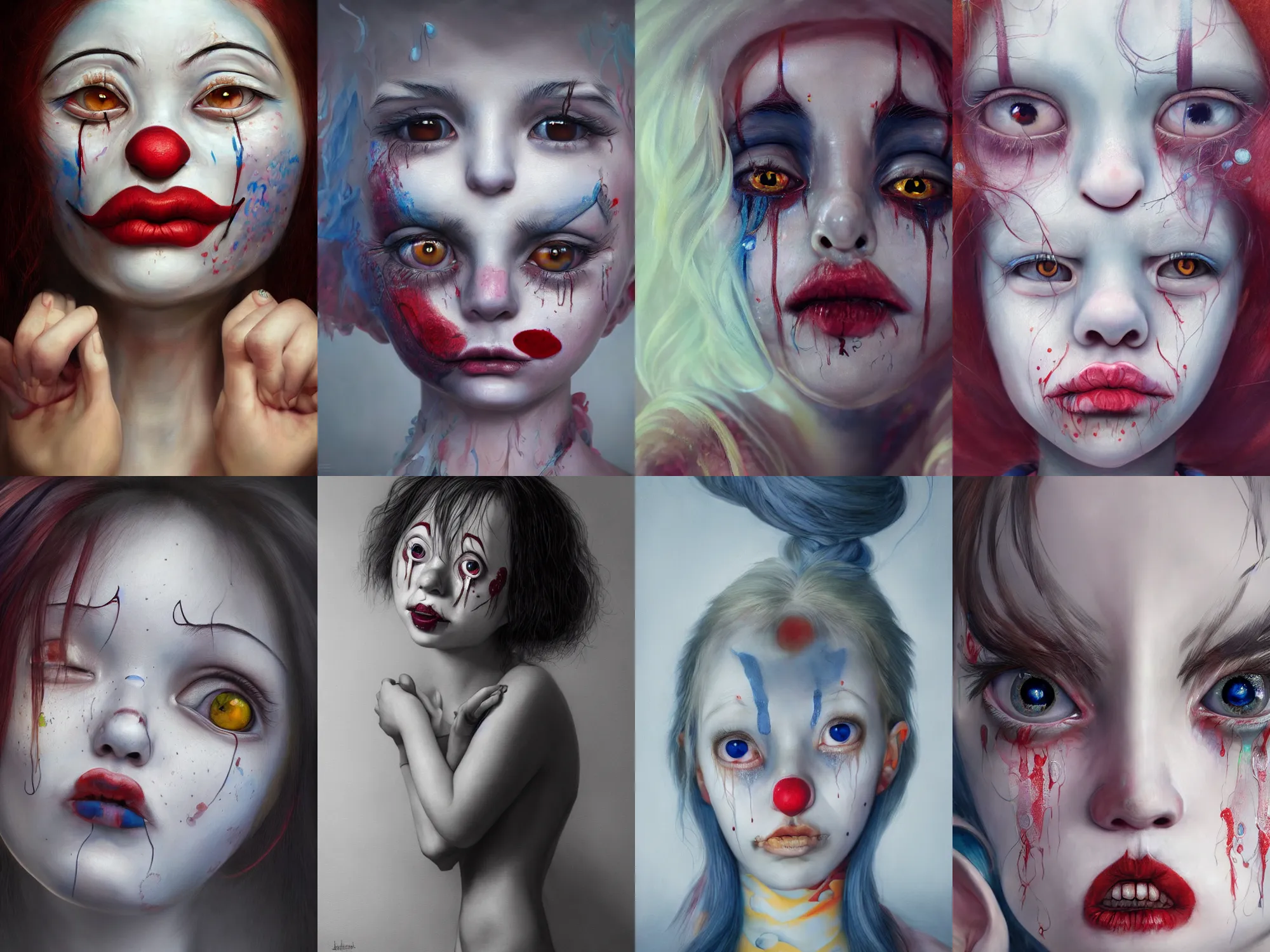 Image similar to detailed painting of clown girl crying, piercing eyes, james jean, miho hirano, hyperrealistic, octane render, ambient light, dynamic lighting