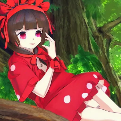 Image similar to a ilya kuvshinov of reimu in the jungle wearing bonnet