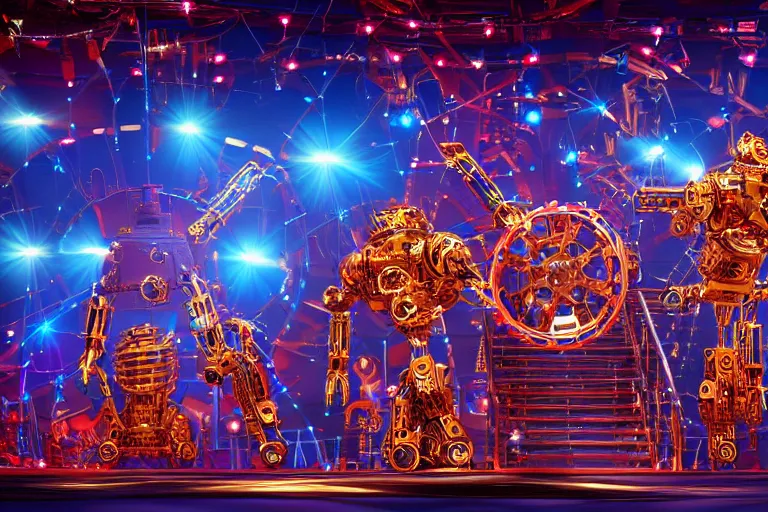 Image similar to stage from the show america got talent, on stage are 4 golden and blue metal humanoid steampunk robots falling apart, robots are wearing gears and tubes falling apart, eyes are glowing red lightbulbs, shiny crisp finish, 3 d render, 8 k, insaneley detailed, fluorescent colors, nightlight