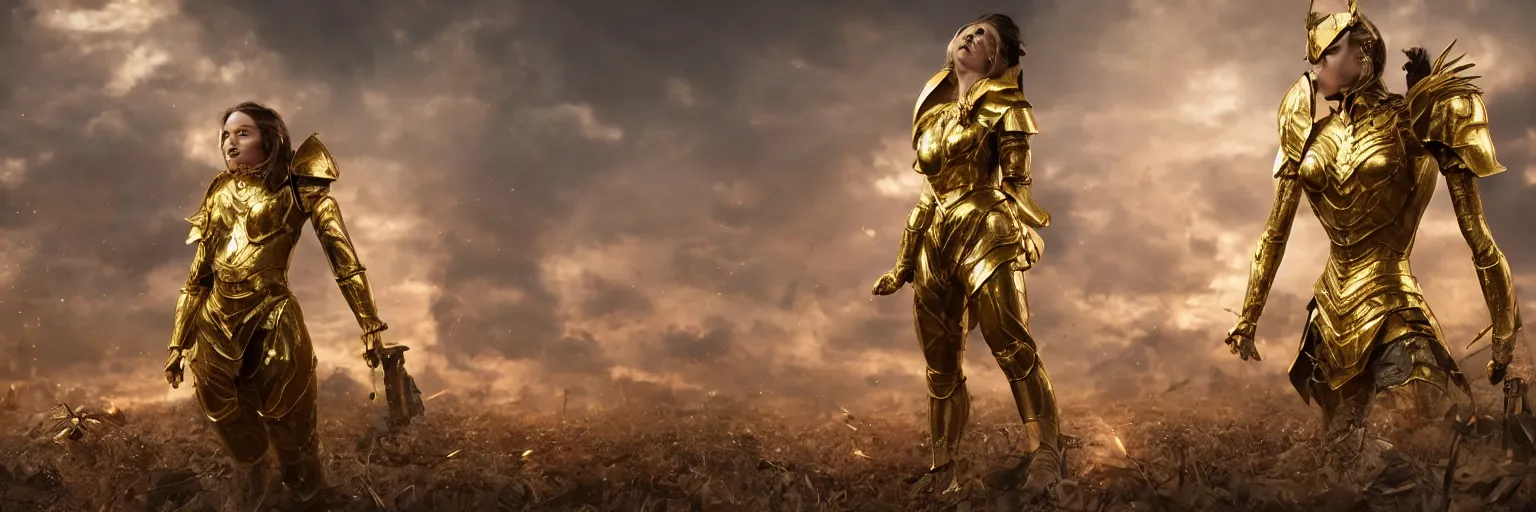 Image similar to a single young girl wearing a gold armor standing in a battlefirld, surrounded by dead bodies, extremely realistic and highly detailed 8 k, sharp focus, octane render, dramatic volumetric lighting and extremely realistic faces