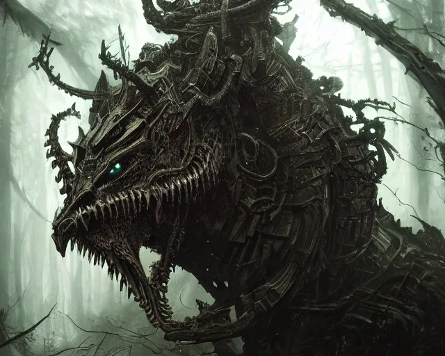 Prompt: 5 5 mm close up portrait photo of an armored biomechanical demon looking at the camera, in a magical forest. dark atmosphere. art by greg rutkowski and luis royo. highly detailed 8 k. intricate. lifelike. soft light. nikon d 8 5 0.