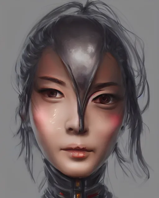 Prompt: the face of an oriental woman left face is a mechanical structure the eyes glow, artstation