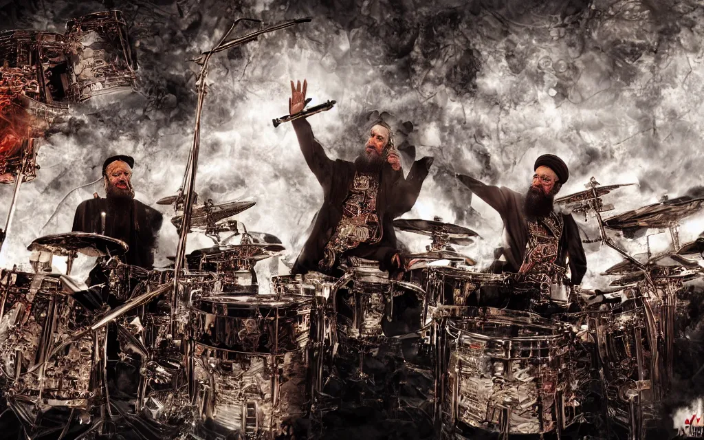 Prompt: khamenei playing drums in heavy metal band in hell hanged bodies in horizon, high definition, trending on artstation, unreal engine, photorealistic, high resolution,, trending on deviantart, hdr, hyper detailed, insane details, intricate, elite, ornate, elegant, luxury, dramatic lighting