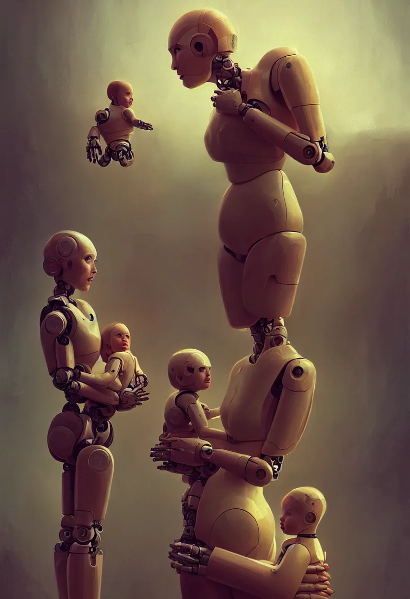 Prompt: female robot, holding young baby, dystopian, future, digital painting, concept art, golden ratio, rule of thirds, by wlop and stalenhag