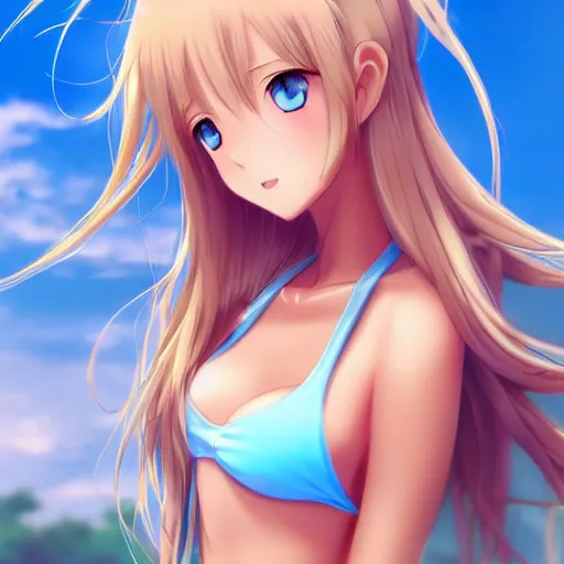 Image similar to a very beautiful young anime tennis girl, full body, long wavy blond hair, sky blue eyes, full round face,, bikini, miniskirt, front view, mid - shot, highly detailed, cinematic wallpaper by stanley artgerm lau