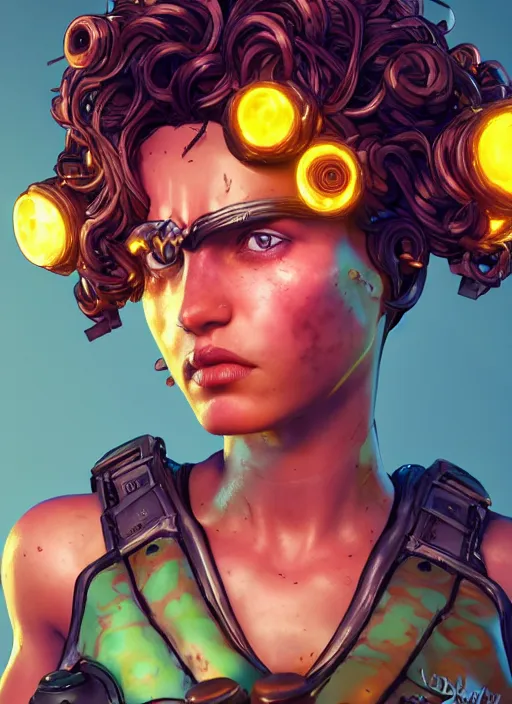 Prompt: glowwave portrait of curly hair muscular girl from borderlands 3, au naturel, hyper detailed, digital art, trending in artstation, cinematic lighting, studio quality, smooth render, unreal engine 5 rendered, octane rendered, art style by klimt and nixeu and ian sprigger and wlop and krenz cushart.