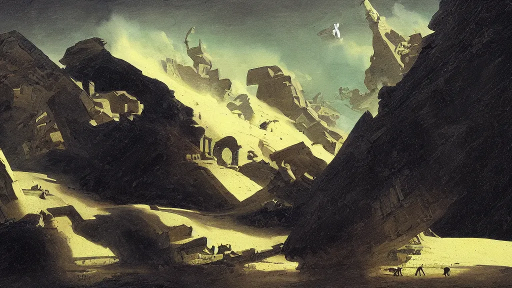 Image similar to a painting in the style of chesley bonestell and in the style of hubert robert.