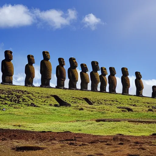 Prompt: 4 k colorful photograph of easter island statues overlooking a prison