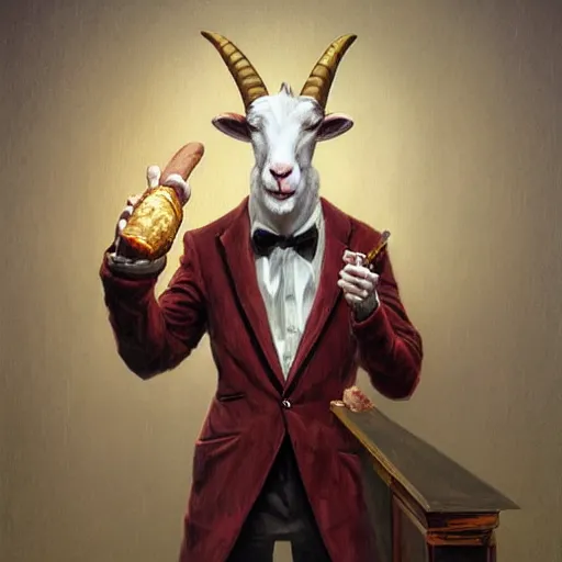 Image similar to commissioned artwork of a furry anthro goat smoking a cigar, three piece suit, painted todd lockwood, jeff easley, greg rutkowski, james gurney, artgerm, digital art, trending on artstation, award - winning, vivid, detailed