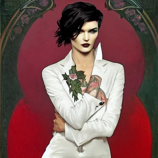 Image similar to beautiful portrait of androgynous ruby rose as desire from sandman in a white tuxedo!!!, rockabilly style, by alphonse mucha, cedric peyravernay, by jeremy mann, by frank moth, white suit and black tie, soft lightning, high detailed, 8 k