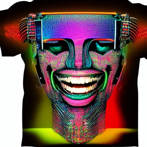 Image similar to tshirt with a hyperdetailed portrait of a futuristic trippy smiling robot head, 8 k, symetrical, flourescent colors, halluzinogenic, multicolored tshirt art,