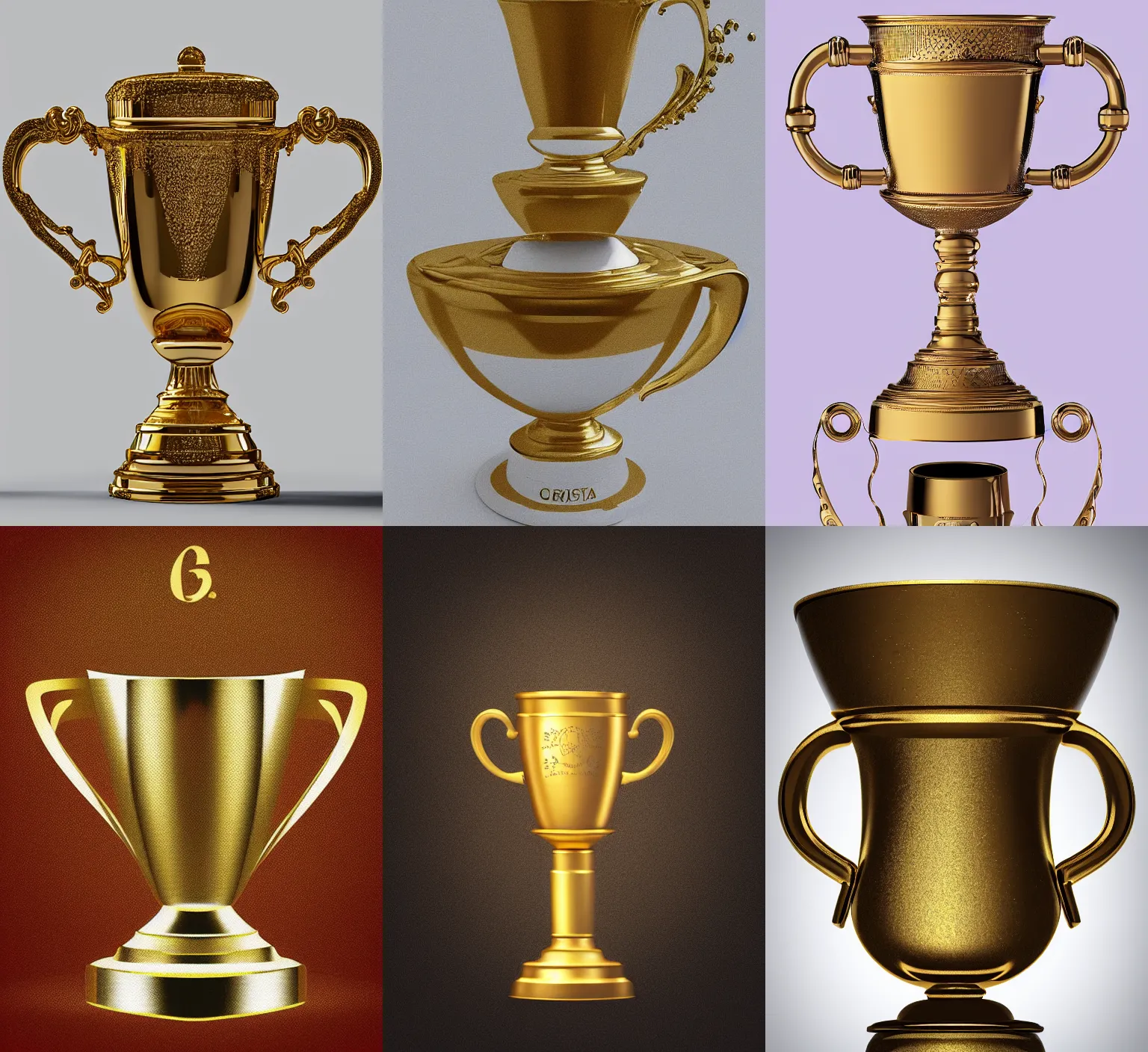 Prompt: “ golden cup, first place, champion, wining, award, front, center view, white background, render corona, redshift render, photo, realistic, hyper realistic, studio light, stock color, bright, detailed, organic form ”