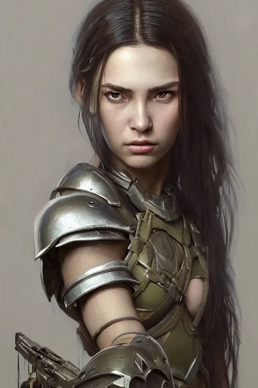 Image similar to a photorealistic painting of an attractive young girl, partially clothed in battle armor, olive skin, long dark hair, beautiful bone structure, symmetrical face, perfect eyes, intricate, elegant, digital painting, concept art, illustration, sharp focus, minimal artifacts, from Metal Gear, in the style of Ruan Jia and Mandy Jurgens, by Greg Rutkowski, trending on Artstation, award winning