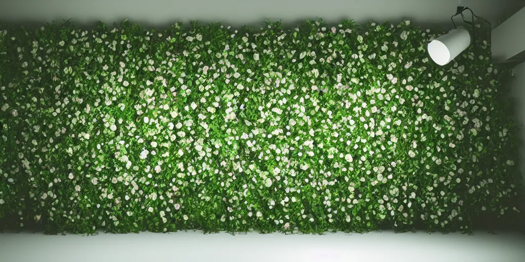 Prompt: a wall full of flowers, studio light, green backlight leaves, blender octane