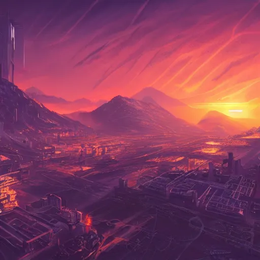 Image similar to beautiful sunset over detailed cyberpunk suburb in a valley surrounded by epic mountains with snowtops, sharp, highly detailed, hyperrealistic, kacper niepokolczycki, artgerm, syd mead, 4 k, perfect geometry