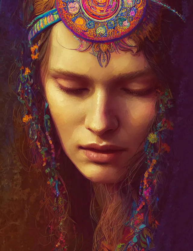 Prompt: portrait of a young woman wearing boho clothing, hippie girl, long hair, groovy hairband, bangs, woodstock background, intricate, smooth, groovy lighting, highly detailed, digital painting, artstation, concept art, smooth, sharp focus, illustration, art by wlop, mars ravelo and greg rutkowski