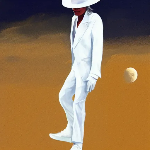 Prompt: paining of Michael Jackson moon walking, white suit and hat, trending on Artstation