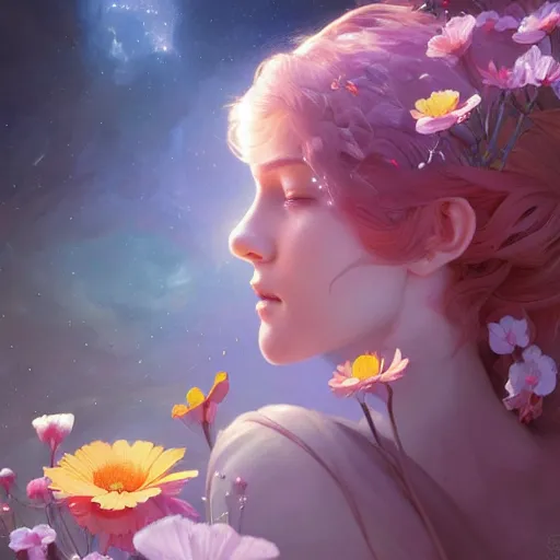 Image similar to Flower in the cosmos, highly detailed, digital painting, artstation, concept art, smooth, sharp focus, illustration, Unreal Engine 5, 8K, art by artgerm and greg rutkowski and alphonse mucha