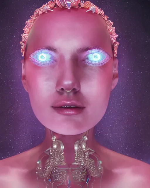 Image similar to natural light, soft focus portrait of an android with soft synthetic pink skin, blue bioluminescent plastics, smooth shiny metal, elaborate ornate head piece, piercings, skin textures, by annie liebovotz, paul lehr