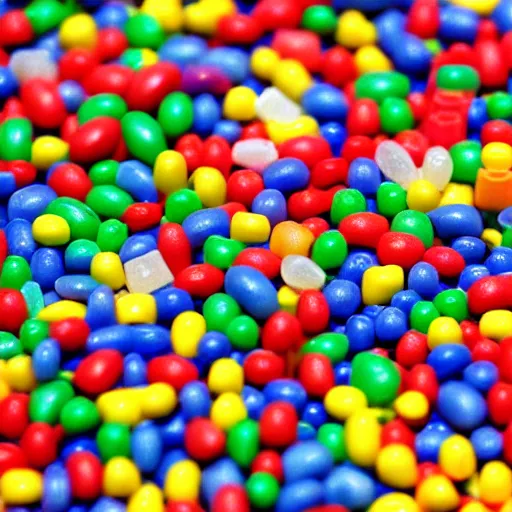 Image similar to Lego City overrun by thousands of jelly beans, old collection, verisimilitudinous