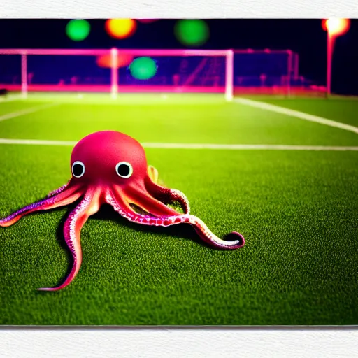 Prompt: a friendly large octopus playing soccer, on a soccer field, realistic photo, award winning photo, ultra wide shot, 3 5 mm, bokeh, blurred background, colorful lights, golden ratio