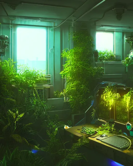 Image similar to Solarpunk gaming PC, futuristic utopia, scifi, green plants, blue light, small room, fine details, atmosphere, glow, extreme realistic, trending on artstation