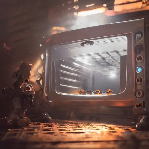 Image similar to toaster oven terminator robot, dark messy smoke - filled cluttered workshop, dark, dramatic lighting, orange tint, sparks, cinematic, highly detailed, sci - fi, futuristic, movie still