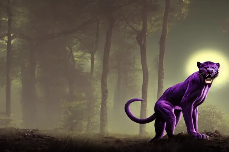 Image similar to a purple panther roaring at the moon in a forest during the night, large moon in the center. trending on artstation. cinematic. photoreal. dark colors. night.