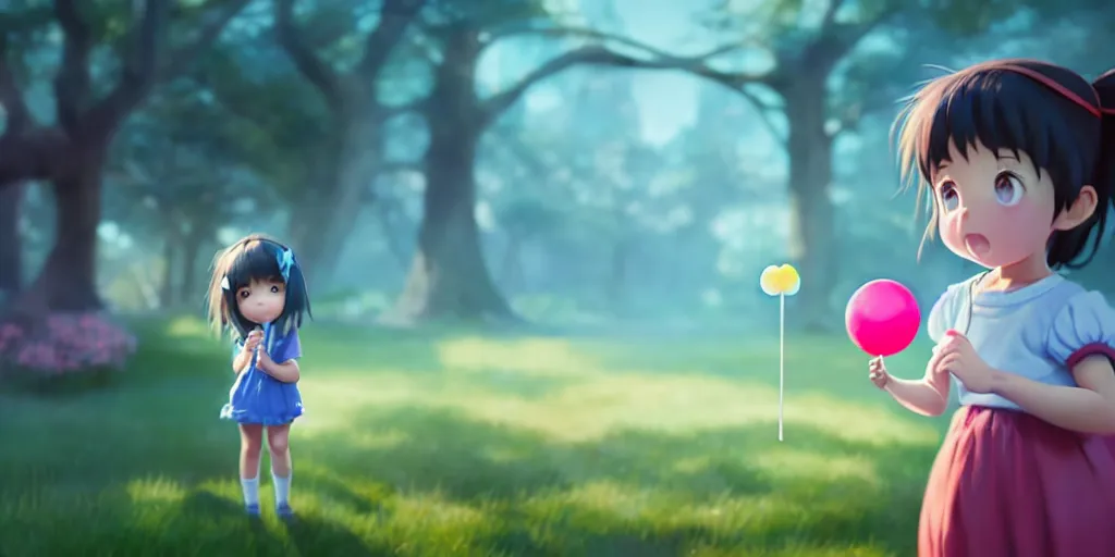 Image similar to a little girl with lollypop, holding blue balloon on a string, studio ghibli, pixar and disney animation, sharp, rendered in unreal engine 5, anime key art by greg rutkowski, bloom, dramatic lighting