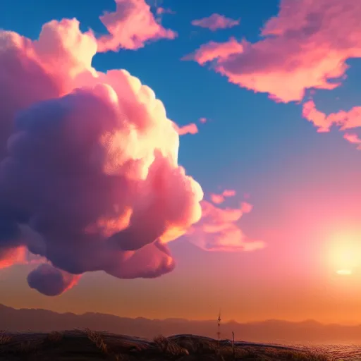 Image similar to peaceful puffy cloud with sunset in the background, matte painting, trending on artstation, artstationHQ, unreal engine, 4k, 8k, anime style