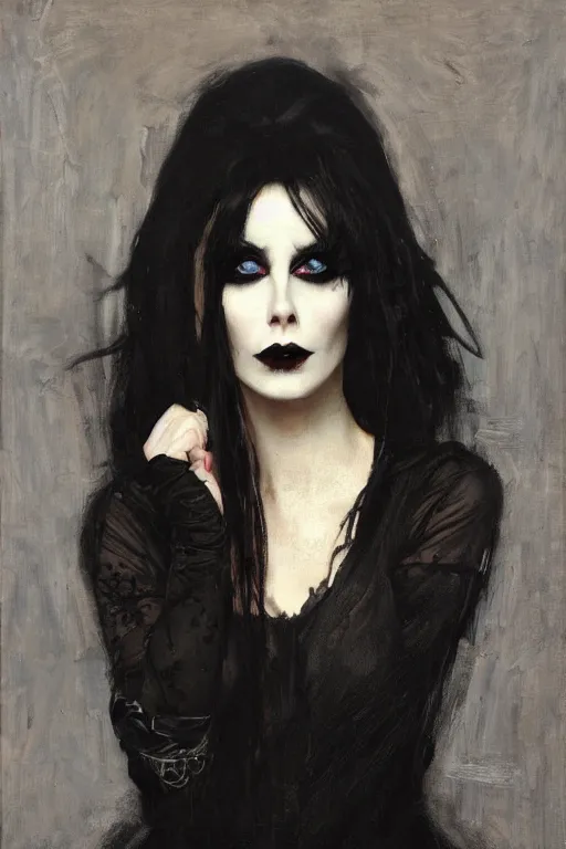 Prompt: Richard Schmid and Jeremy Lipking and Antonio Rotta full length portrait painting of a young beautiful goth punk rock vampire priestess Elvira Mistress of the Dark woman