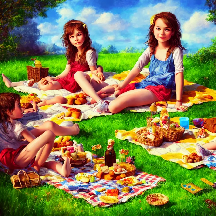 Prompt: epic professional digital portrait of 🧸🧺 picnic, for kids happy, cheerful, fun, kid safe, detailed, hdr, 4 k, best on wlop, pixiv, stunning, gorgeous, much wow, cinematic, masterpiece