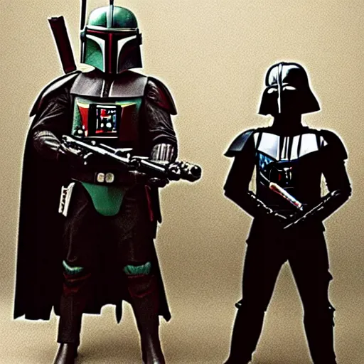 Prompt: boba fett and darth vader standing proudly shoulder to shoulder